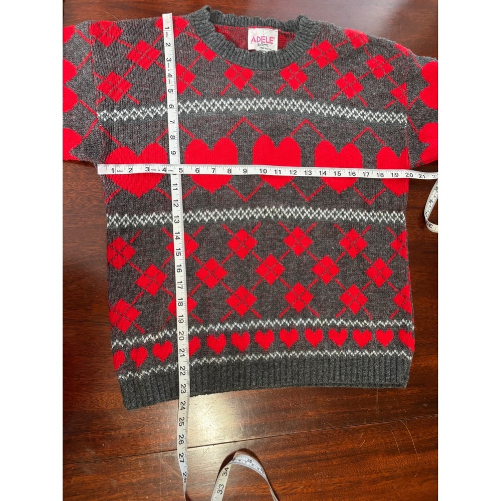 Adele Womens‎ Vintage 80s Argyle Heart Sweater Red Gray M Retro Crew Neck - Picture 5 of 7